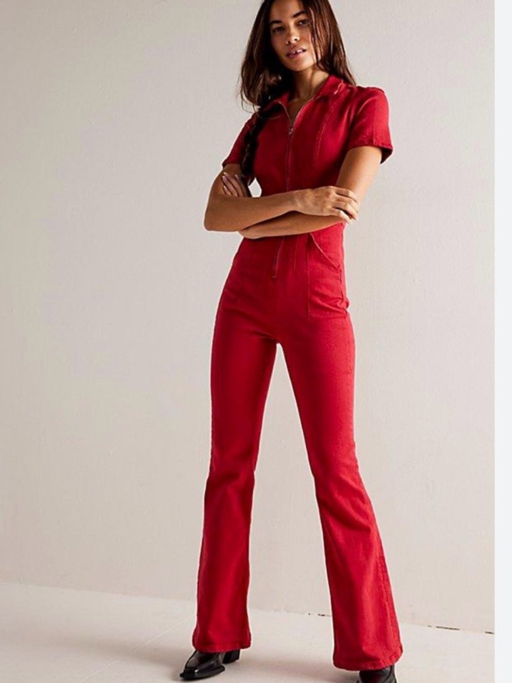 We The Free Red Short-Sleeve Zip-Front Jumpsuit